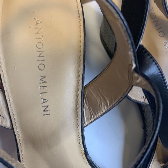 Antonio Melani Black Suede Slingback T-Strap Cork Wedge Heels - 10M - Picture 7 of 12